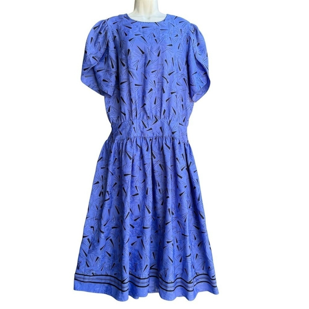 Vintage Maggy Boutique Pleated Maxi Dress Women's 14 Blue Puff Sleeves Long